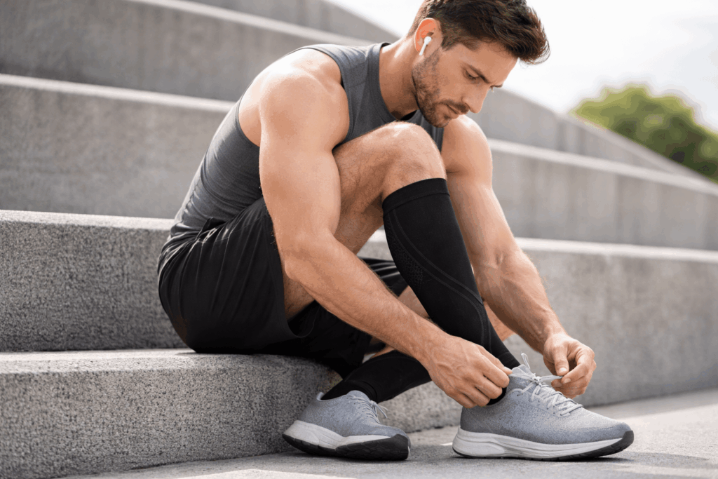 a person wearing compression sleeves for calves