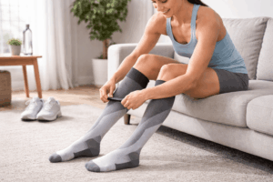 Woman adjusting her compression socks