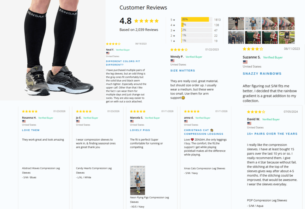 customer reviews on Zensah compression leg sleeves